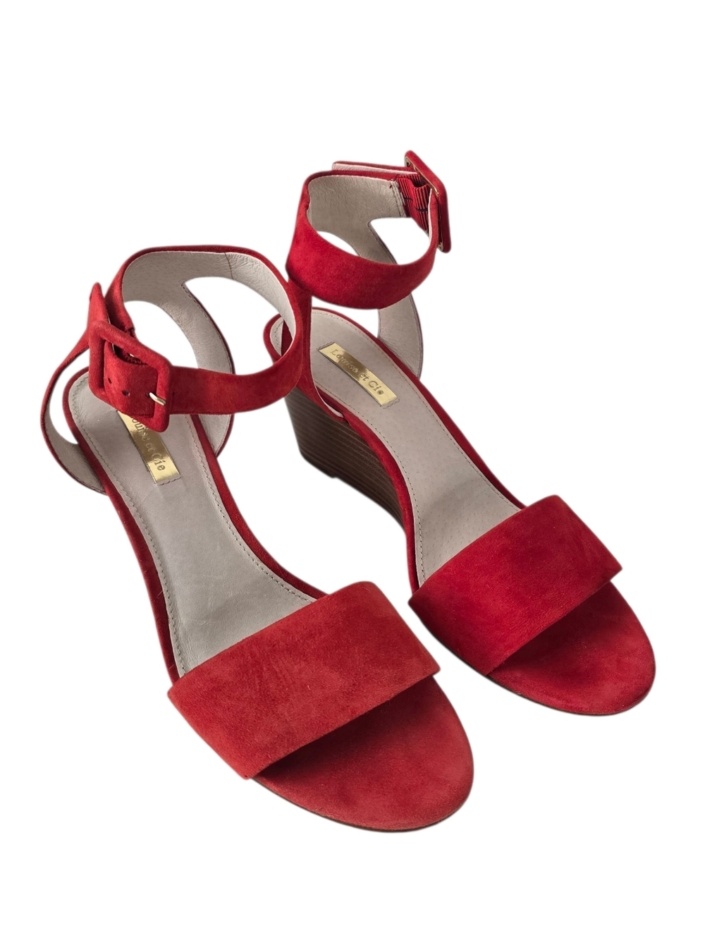 Louise et Cie Red Suede Open Toe Ankle Strap Wedge Sandal 8M Summer Date Night